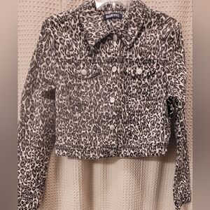 Blue Spice Leopard Print Cropped Denim Jacket